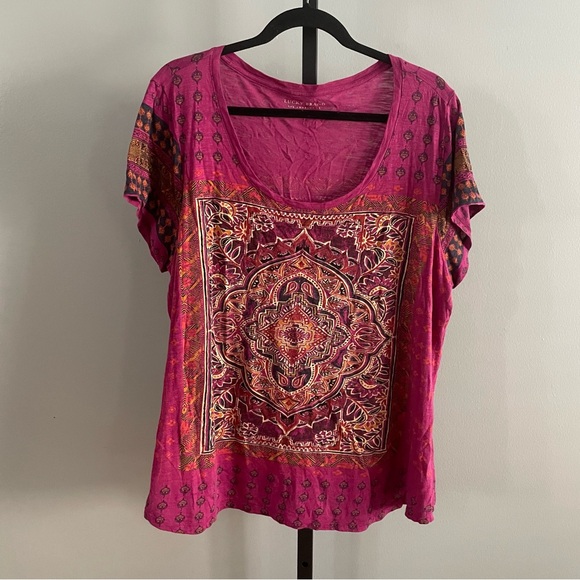 Lucky Brand Pink Boho Round Neck T-Shirt Blouse Size 2X - Picture 1 of 4